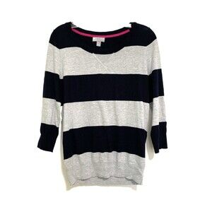 JCP Pullover Sweater Top Womens Size M Black Striped Cashmere Blend Sleeve 3/4